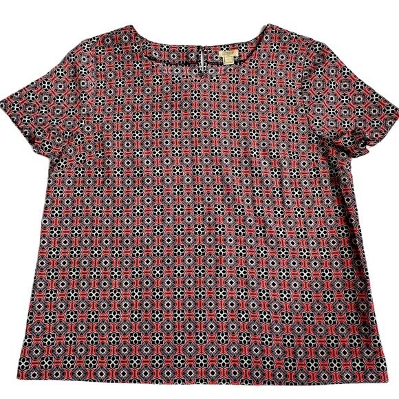J. Crew Top Womens Sz large Navy Blue Coral Geometric Print Keyhole Short Sleeve - Picture 1 of 9